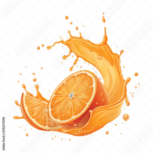 abstract 3d Juice splash with orange slice realistic vector. 3d citrus fruit liquid, summer tropical vacation drink symbol. Fresh vitamin sweet liquid flowing in motion isolated on white background