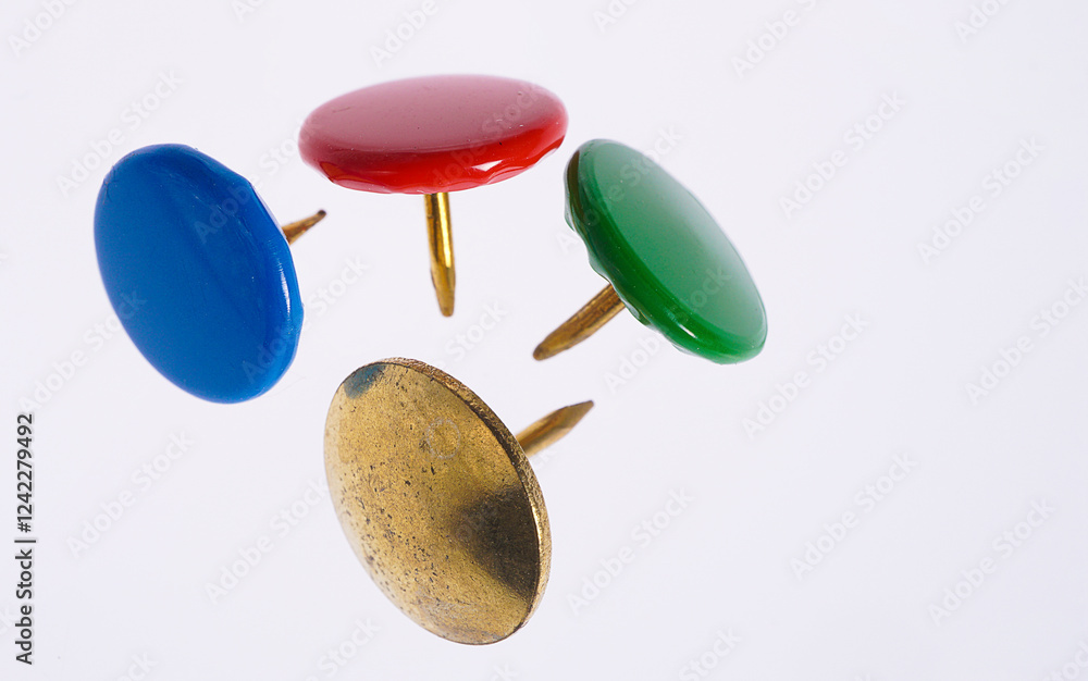Drawing pin stationary used for fixing posters and information on pin boards Drawing pin stationary used for fixing posters and information on pin boards