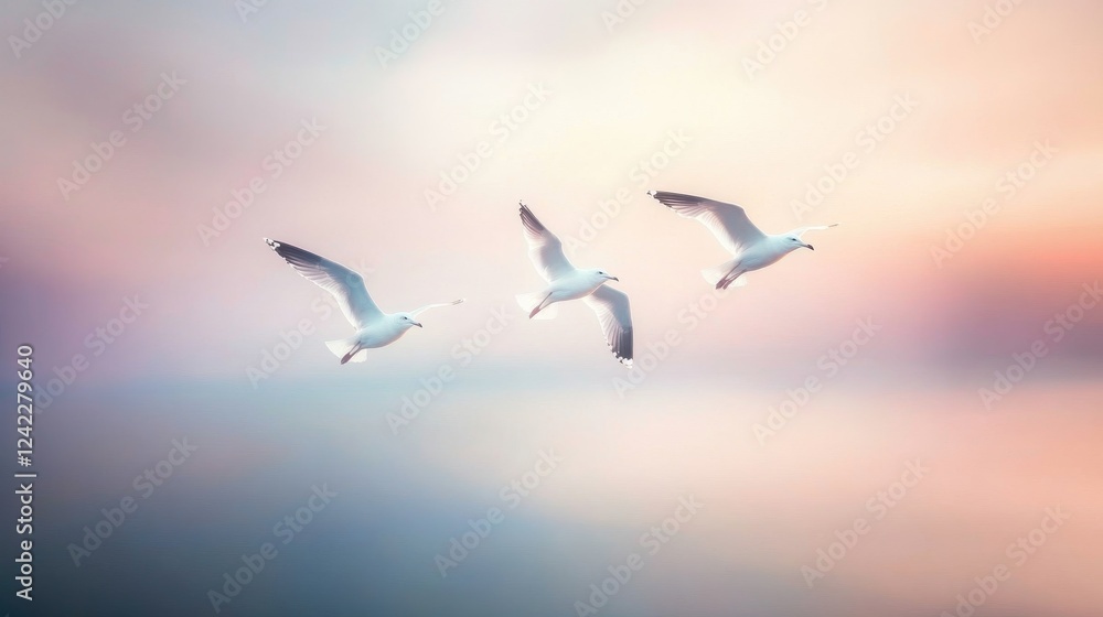 Obraz premium Serene Sunset Flight of Three Elegant Birds Over Tranquil Waters