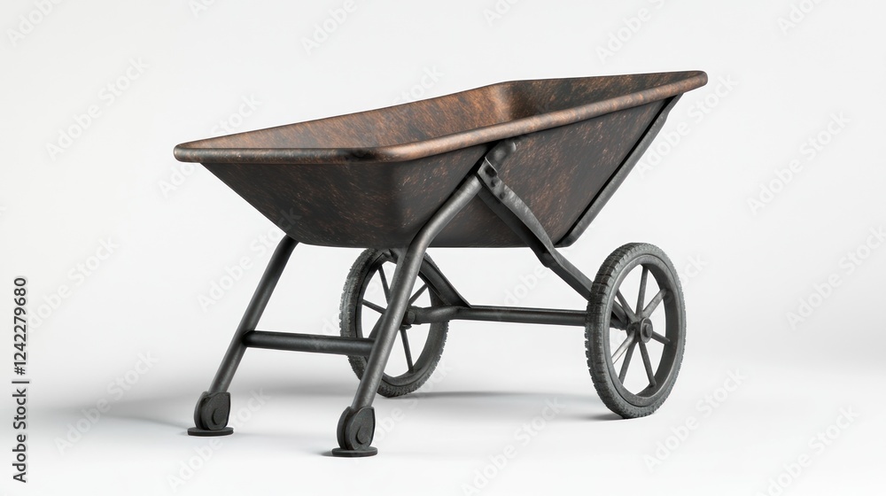 Brown wheelbarrow on white background; gardening tool Brown wheelbarrow on white background; gardening tool