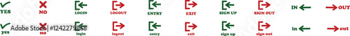 Login and logout icon set Set of sign out, Sign in vector vector collection. Open and close door symbol. Black in, out, exit and enter arrow, trendy flat style isolated on transparent background.