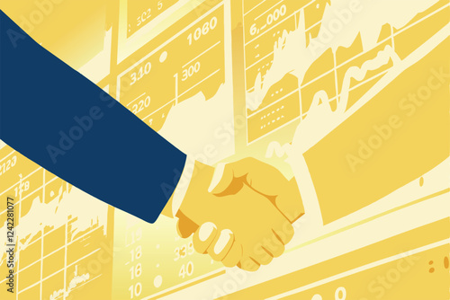 Two businesspeople shaking hands in front of a large digital screen displaying dynamic stock market data and graphs.  Focus on the handshake.