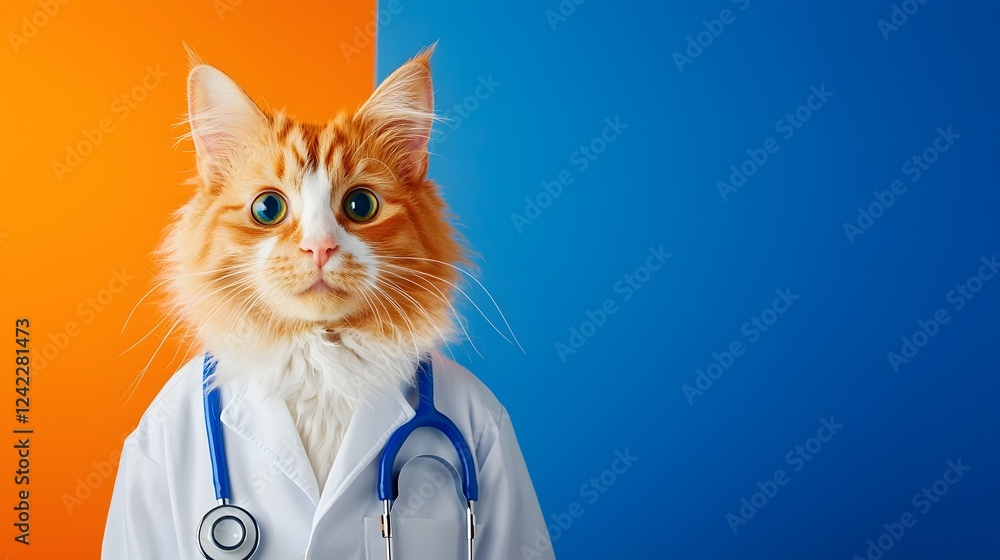 Tabby Cat Dressed as a Veterinarian Professional Set Against Bold and Vibrant Color Backdrop Striking and Unique Concept for Photography and Imagery Tabby Cat Dressed as a Veterinarian Professional Set Against Bold and Vibrant Color Backdrop Striking and Unique Concept for Photography and Imagery