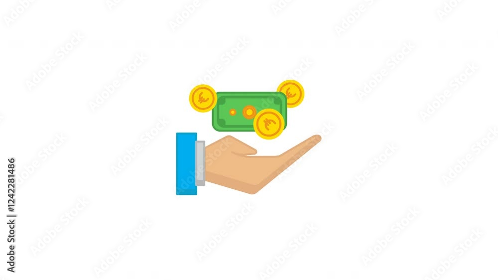 Animation of depicting financial concepts. Features a stylized business hand in a blue sleeve gesturing upward, with floating Euro currency coins and a green banknote above it. Animation of depicting financial concepts. Features a stylized business hand in a blue sleeve gesturing upward, with floating Euro currency coins and a green banknote above it.