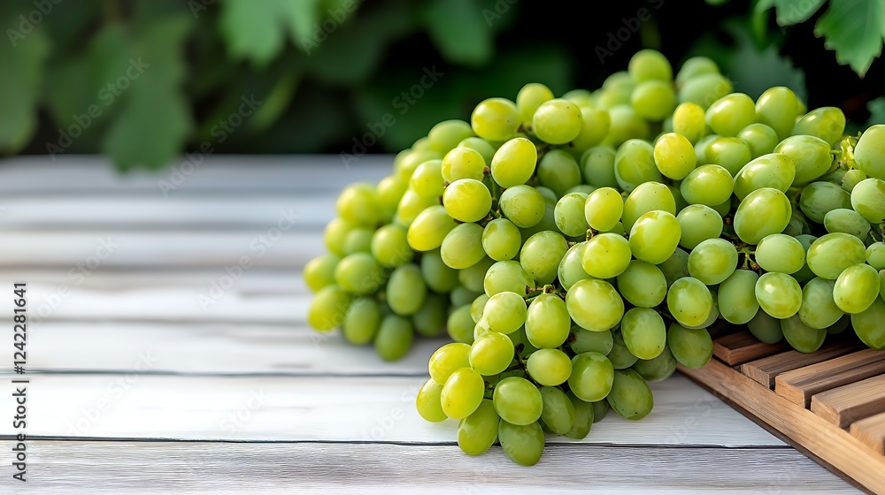 Fresh green grapes arranged on a wooden surface with lush foliage in the background Fresh green grapes arranged on a wooden surface with lush foliage in the background