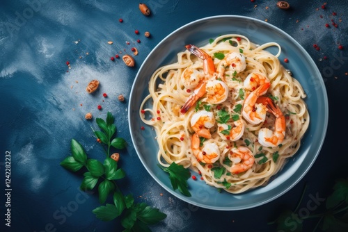 Mediterranean pasta with seafood cream sauce top view on blue table Italian cuisine photo