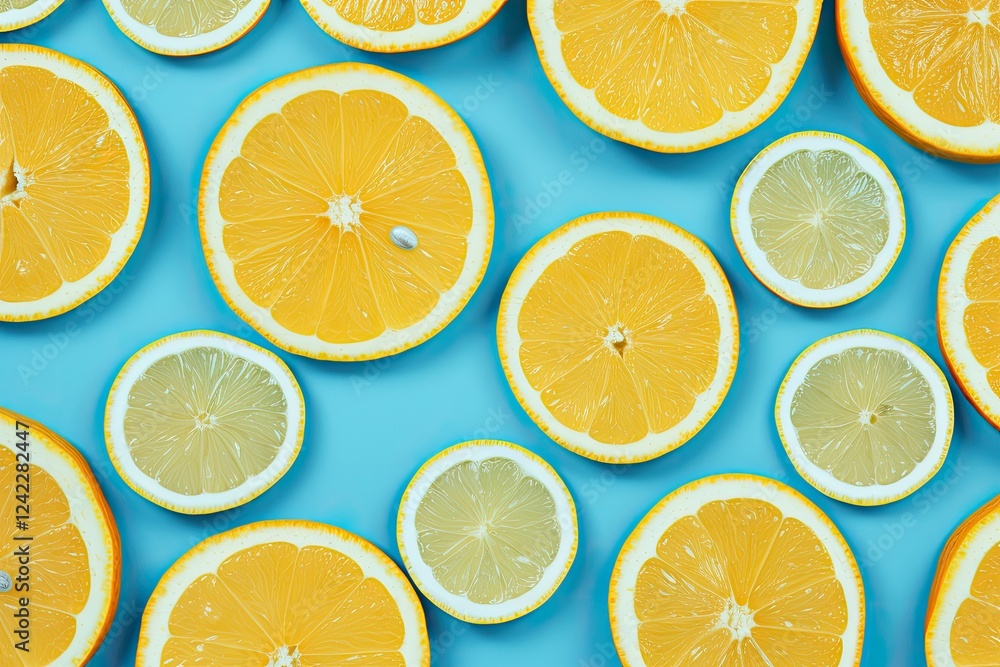Obraz premium Minimal fruit pattern for blog or recipe book featuring fresh lemon slices on a blue background