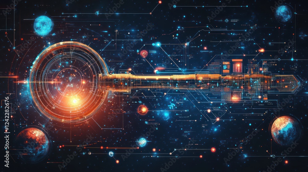 Obraz premium Futuristic digital key in cosmic space.