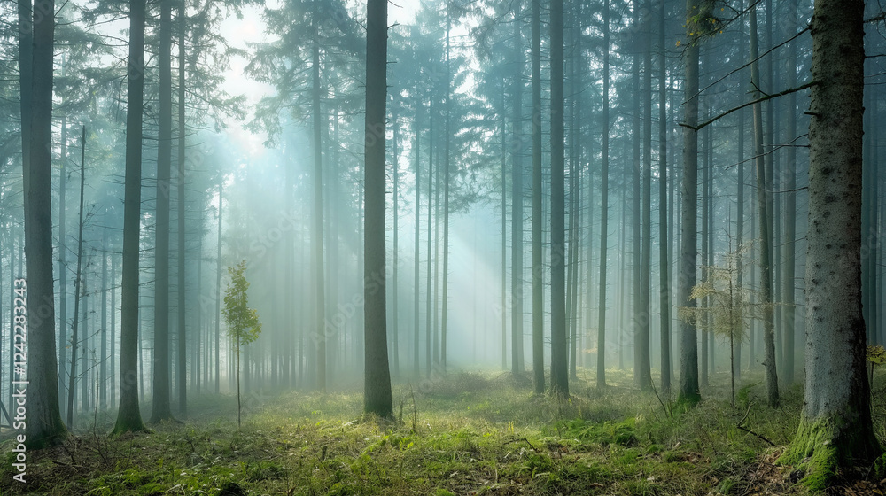 Close-Up of Enchanting Mist Rising Through Forest Trees, Bathed in Sunlight and Rays, Fog in Nature Close-Up of Enchanting Mist Rising Through Forest Trees, Bathed in Sunlight and Rays, Fog in Nature