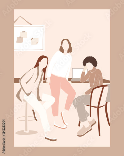 Elegant poster illustration showcasing a diverse group of women collaborating in a modern workspace