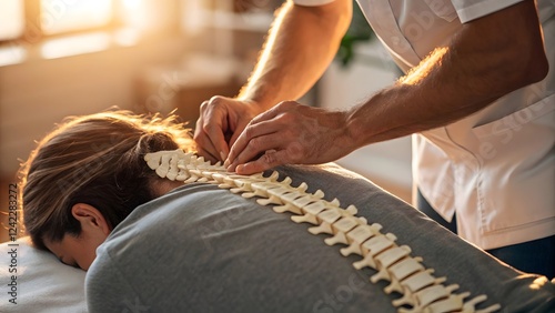 Chiropractor Adjusting Patient s Spine with Spinal Model Healthcare Treatment