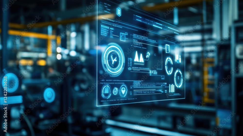 Futuristic transparent display presenting manufacturing data with charts, graphs, and kpis, delivering real time insights to enhance efficiency in modern factory processes Futuristic transparent display presenting manufacturing data with charts, graphs, and kpis, delivering real time insights to enhance efficiency in modern factory processes