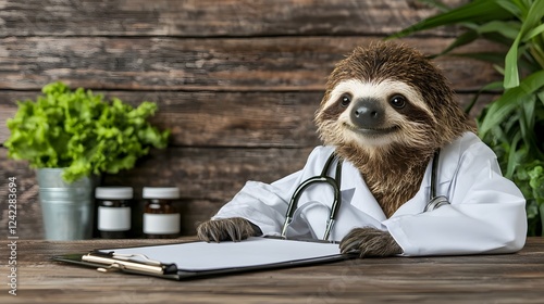 Charming and Humorous of a Sloth Wearing a Doctor s Uniform and Leaning on a Clipboard Showcasing Lighthearted Medical and Healthcare Concepts