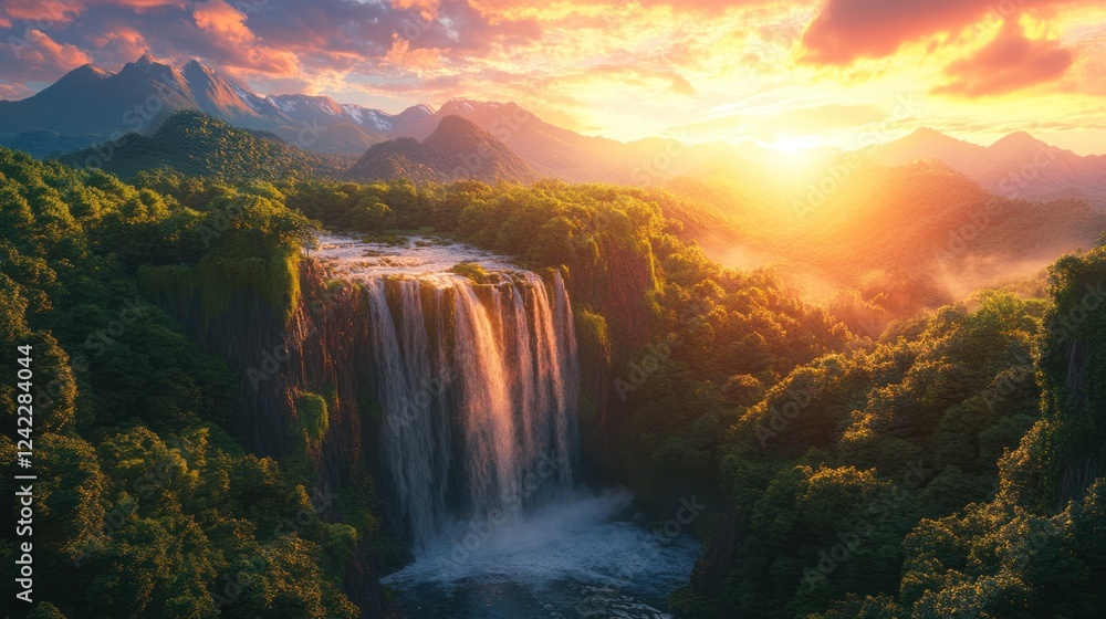 Fototapeta premium Majestic waterfall cascading down lush green cliffs at sunset, surrounded by misty mountains.