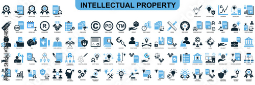 Collection of intellect property icons in vector format showcasing symbols like brain, light bulb, gears and patents. Ideal for education, innovation and intellectual themes.