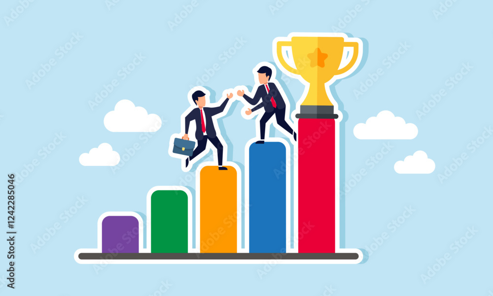 Businessman helps another businessman climb a chart to reach the top with a trophy, illustration of teamwork in achieving the company's vision as a leading company Businessman helps another businessman climb a chart to reach the top with a trophy, illustration of teamwork in achieving the company's vision as a leading company