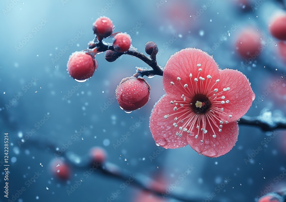 Frozen blooms in light snow, nature, background for seasonal events Frozen blooms in light snow, nature, background for seasonal events