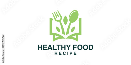 logo design combination of book and spoon fork, food recipe logo, healthy, nutritious, symbol, icon, idea, creative.