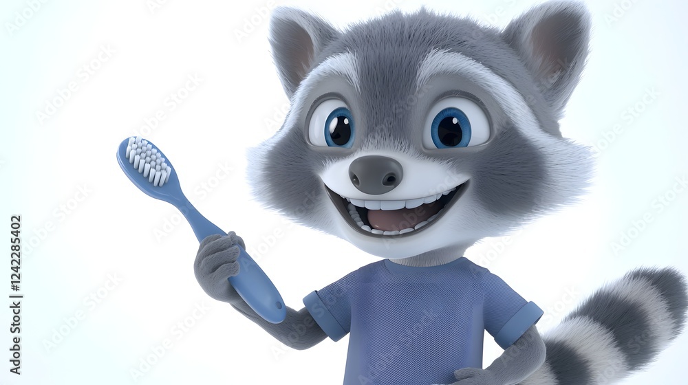 Charming and detailed of a raccoon character dressed as a dentist holding a toothbrush and smiling in a playful humorous dental healthcare concept