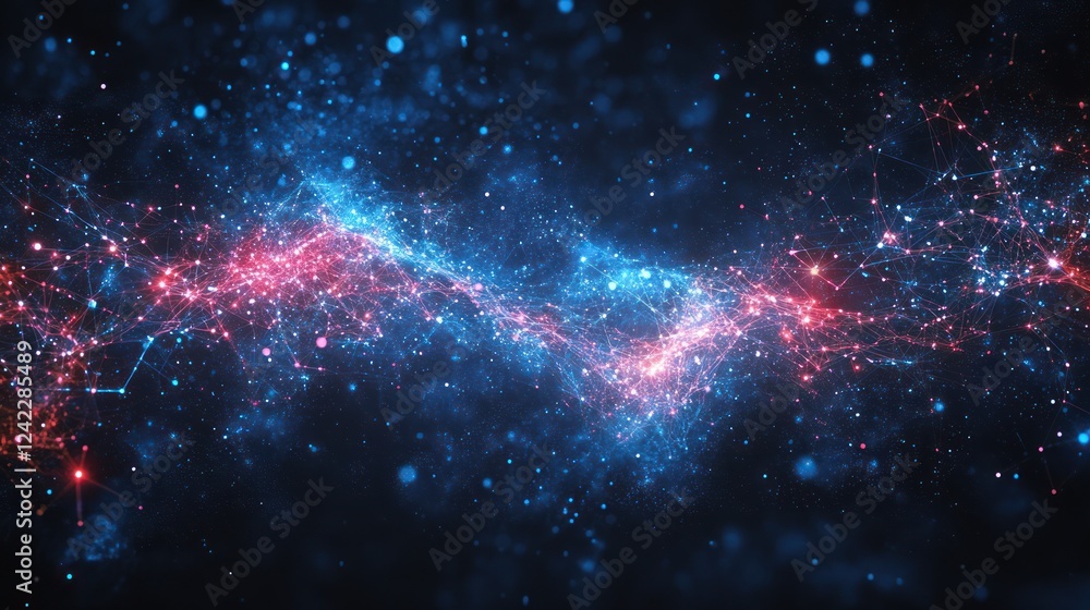 Fototapeta premium Abstract swirling nebula with red and blue glowing particles and lines.