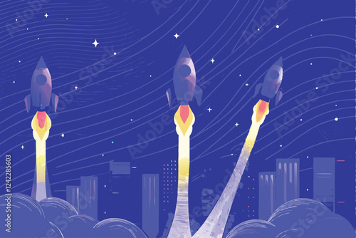 Create a vibrant, dynamic illustration of multiple rockets launching into a starry night sky, showcasing powerful thrust and fiery trails.