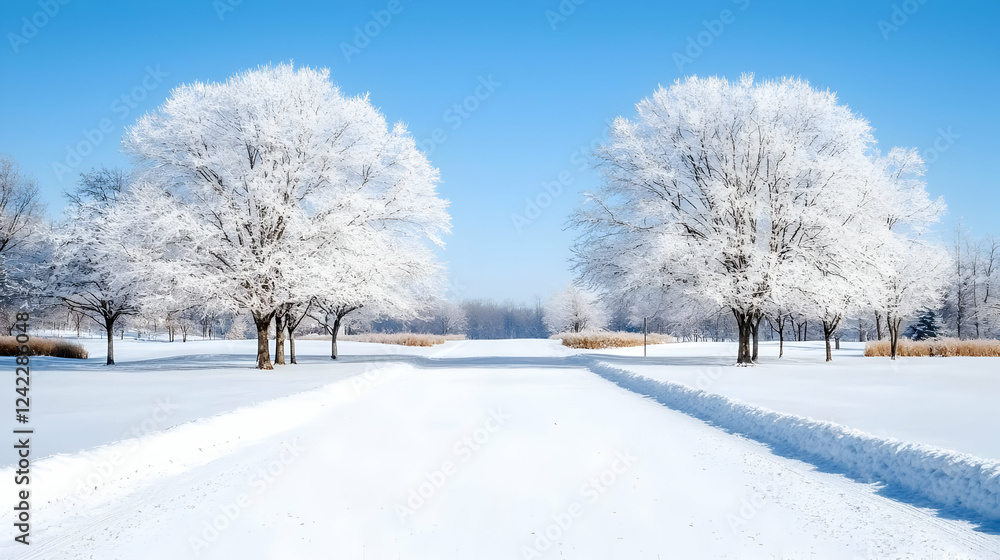 Fototapeta premium Frosty winter trees line snowy path, clear sky