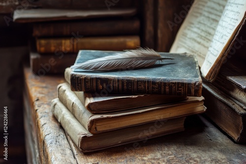 Antique feather on books, library study, history