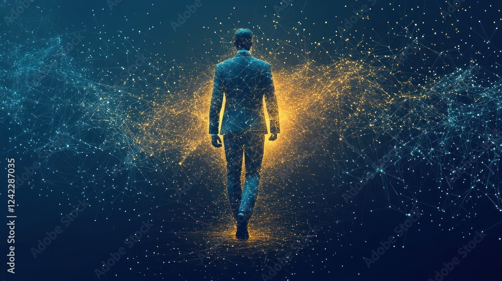 Man walking towards bright future, digital network. Man walking towards bright future, digital network.