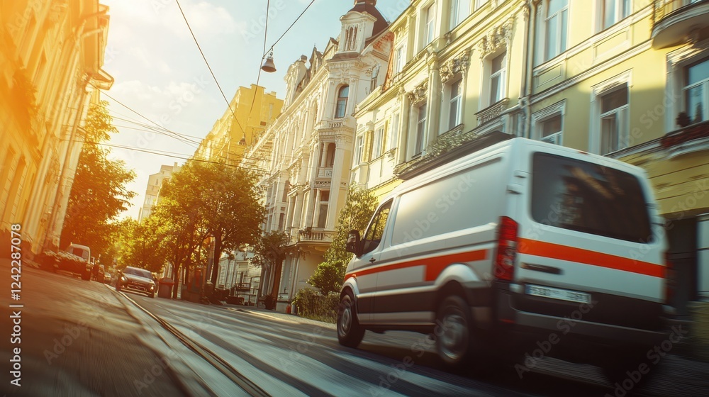 Obraz premium Urban Scene with Moving Delivery Van and Beautiful Historic Buildings