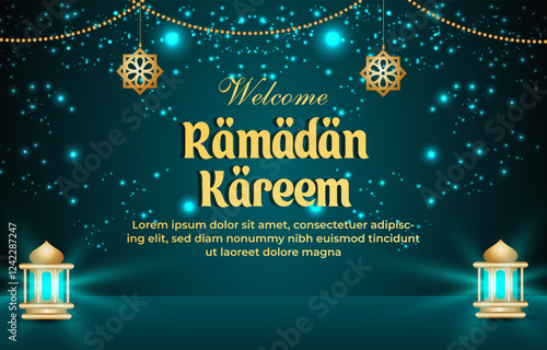 welcome ramadan template banner with islamic ornament and blue background design 16