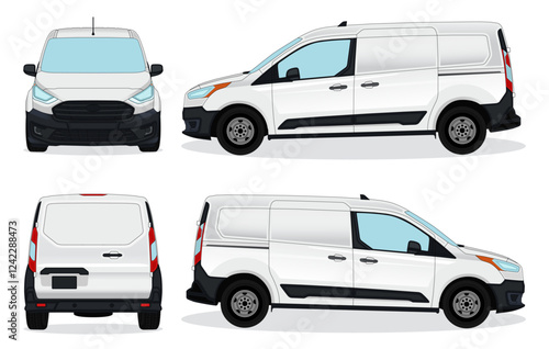 Van mockup vector for van car branding on white background. View from side, front, rear