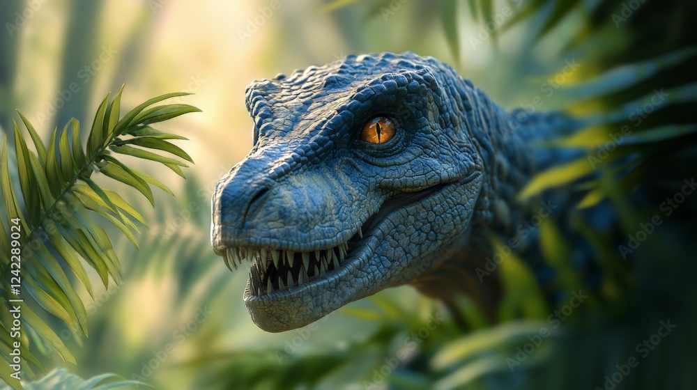 Naklejka premium Closeup of a velociraptor dinosaur in the jungle