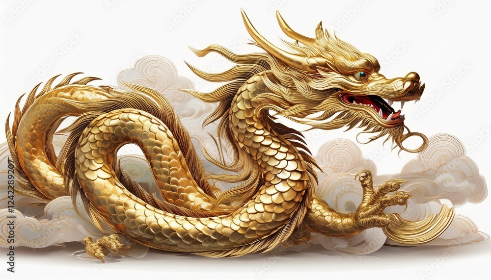 Obraz premium Golden dragon statue. Gold dragon ,Chinese zodiac, isolated white background.