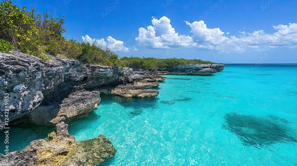 Fototapeta premium Turquoise Waters and Rocky Cliffs under a Clear Sky Tropical Paradise