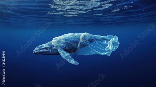 Injured whale trapped in a plastic bag floating on the ocean surface.