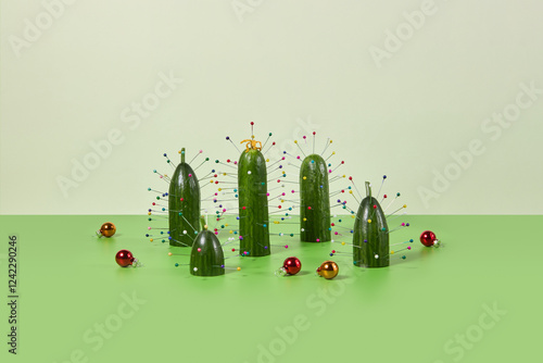 Festive arrangement of cucumbers styled as cacti with colorful pins photo