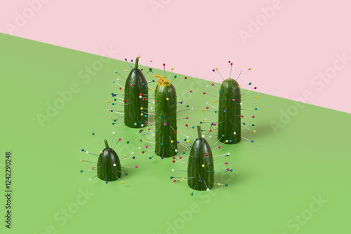 Cucumbers transformed into Christmas trees with colorful pins photo