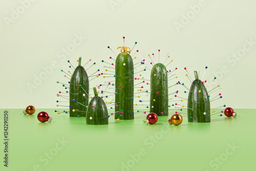 Holiday decor with cucumbers in pins resembling Christmas trees photo