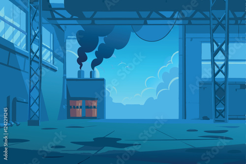 Grunge aesthetic industrial factory scene; billowing dark smoke, decaying brickwork, rusty metal machinery.  Dramatic lighting.