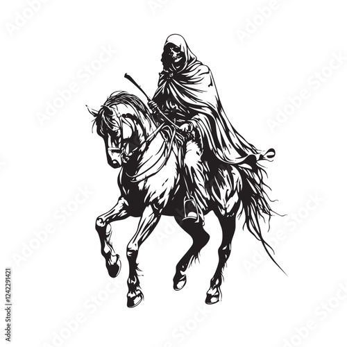 A dark, grim reaper hooded figure rides a powerful horse, draped in flowing cloaks. A gothic, fantasy-style black-and-white illustration exuding mystery and power.