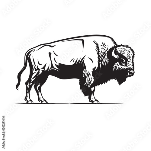 Vector of american bison in black and white silhouette style, Side view wildlife illustration. Animals.