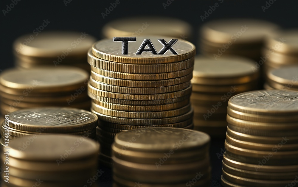Stacks of coins with 'tax' symbolize financial planning and audits Stacks of coins with 'tax' symbolize financial planning and audits