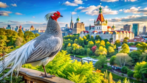 Captivating Portrait of a Silver Pheasant in Moscow's Enchanting Landscape, Showcasing Exotic Wildlife Amidst Urban Nature, Perfect for Nature Enthusiasts and Bird Lovers photo