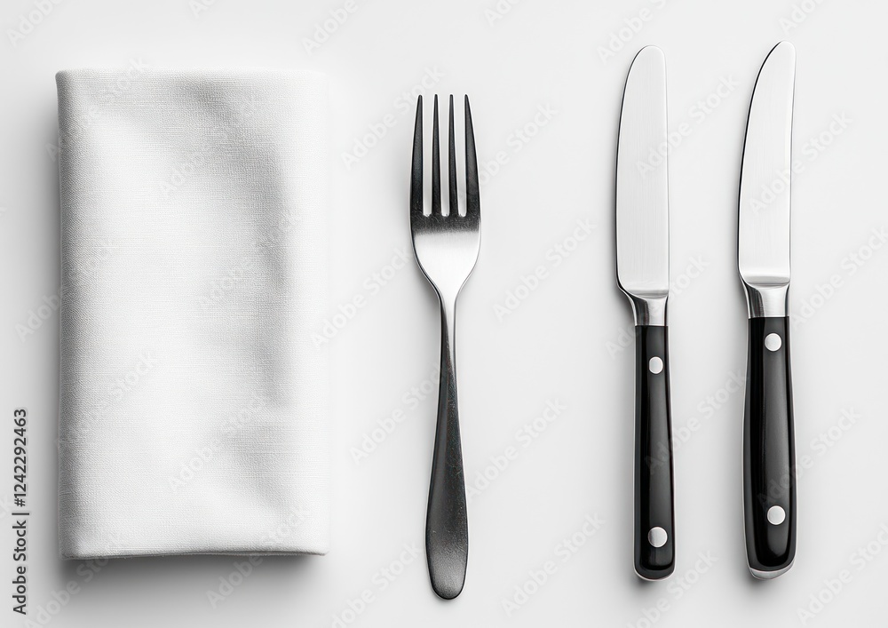 Restaurant place setting, silverware, napkin, neutral background. Menu photo