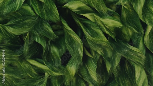 A detailed top-down view of lush, wind-swept green grass, showcasing intricate textures and natural movement photo