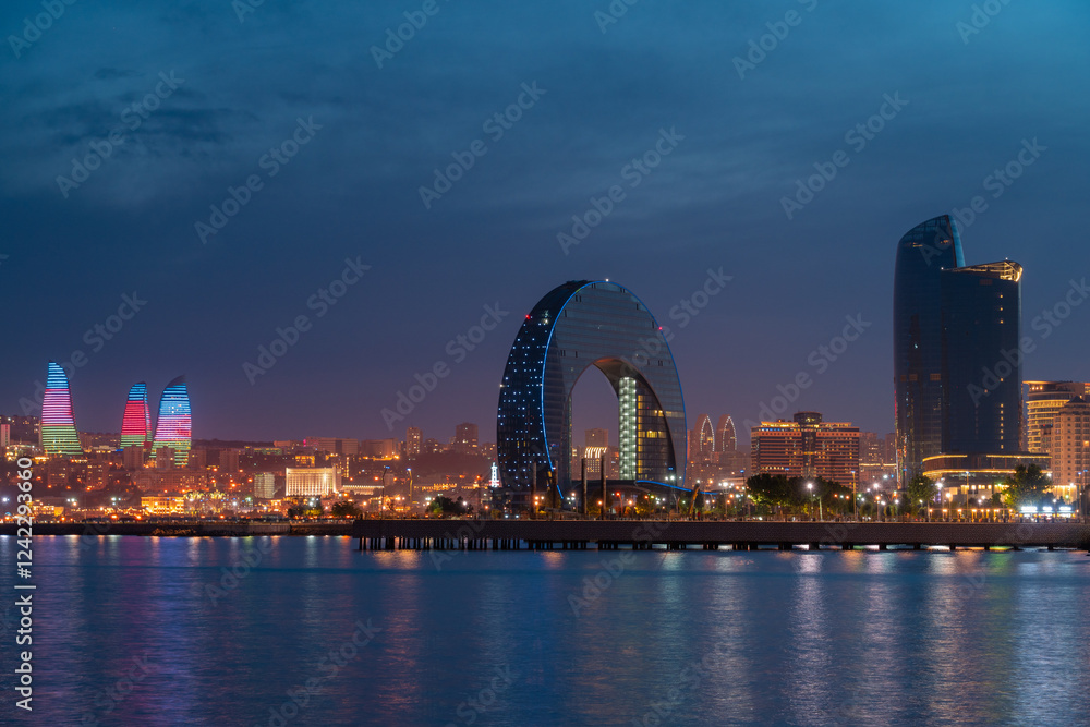 Panoramic view to city Baku, Aazerbaijan. Cityscape in the dusk