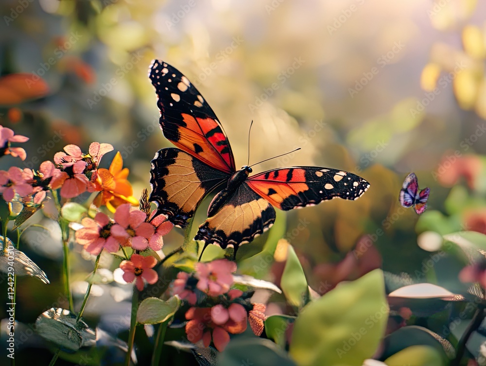 Naklejka premium Colorful Butterflies Dancing Among Delicate Flowers in a Warm Sunny Garden