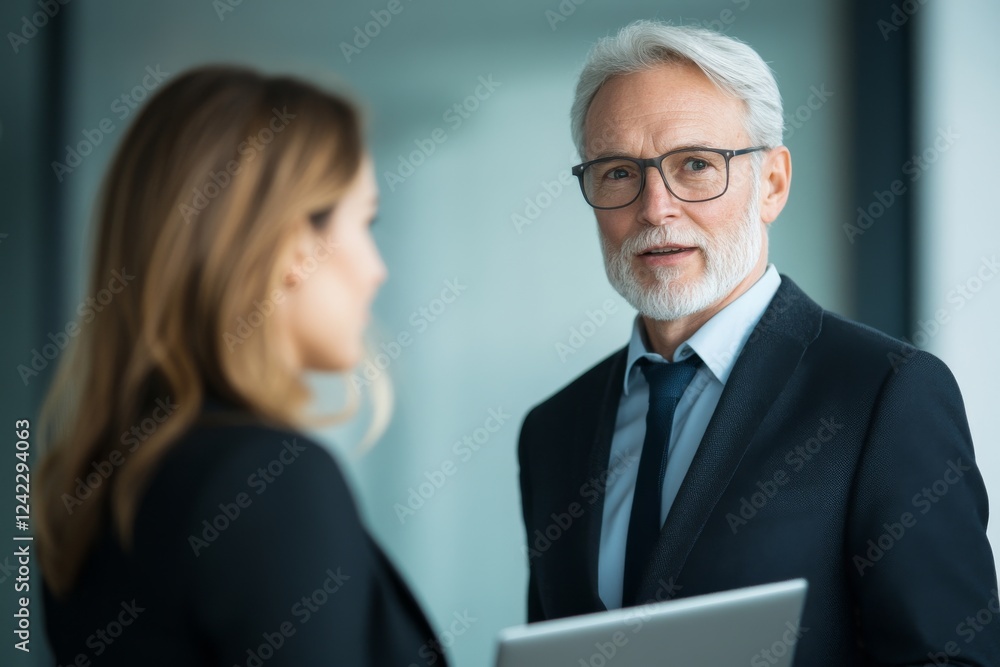 A business person, walks with a laptop in a modern office building, looking at each other and smiling while having a conversation A business person, walks with a laptop in a modern office building, looking at each other and smiling while having a conversation