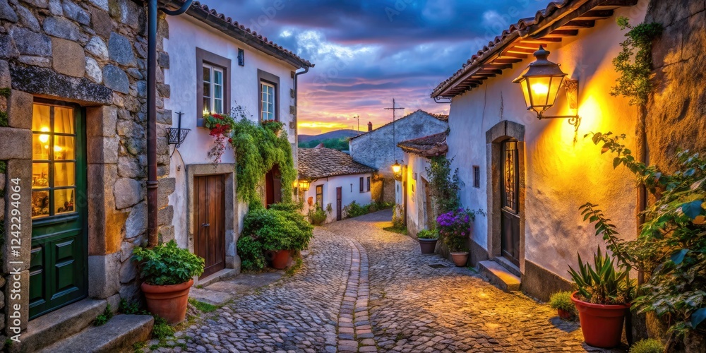 Fototapeta premium Low Light Photography of a Quaint Village in Portugal Near Lisbon at Dusk with Charming Cobblestone Streets, Rustic Stone Houses, Lanterns, and Serene Atmosphere