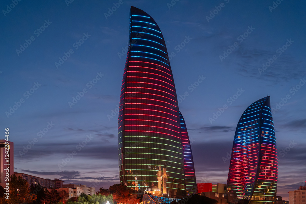 View to Flame Towers in Baku, Aazerbaijan. Cityscape in the dusk from panorama viewpoint
